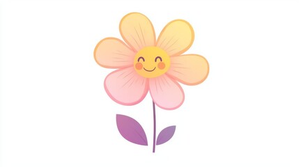 Naklejka premium Cute and cheerful smiling flower illustration with pastel colors, ideal for kids' content, digital art, and seasonal greetings.