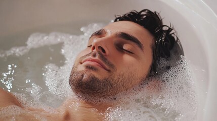Young man relaxes in a bubble bath at home, enjoying a tranquil evening after a long day