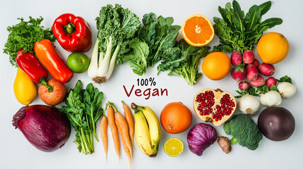 Colorful Assortment of 100% Vegan Fruits and Vegetables on White Background
