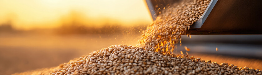 Obraz premium Grain Pouring from Combine Harvester into Hopper at Sunset