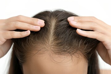 Naklejka premium Close-up Of A Womans Scalp, Showing Signs Of Hair Loss And Thinning, Isolated On White Background.