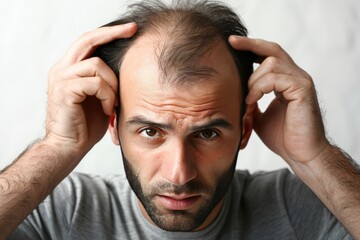 Fototapeta premium Close Up Man Runs Fingers Through Thinning Hair, Revealing Sparse Spots and Patterned Hair Loss