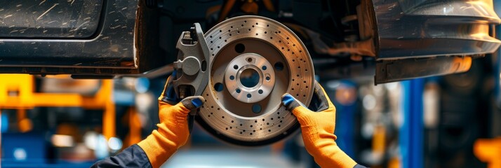 Automotive technician performing routine brake replacement for vehicle maintenance services