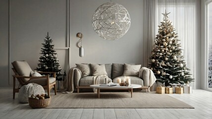 Minimalist Scandinavian Christmas Interior with White Decor, Ai Generated Images