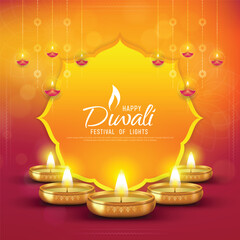 Happy Diwali - festival of lights colorful poster template design with decorative diya lamp.
