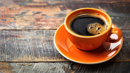 Obraz premium Cup of black coffee on saucer on the table in a cafe, with space for text