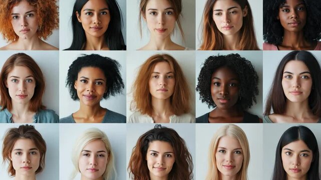 Collection of many diverse young women portraits together, symbolizing diversity and female unity