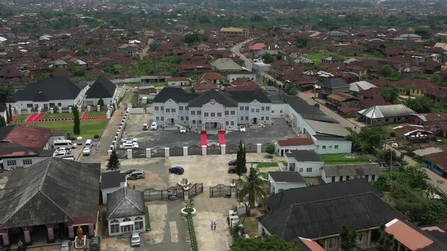 Aerial view of beautiful suburban neighborhood with modern houses and roads, Ife, Nigeria.