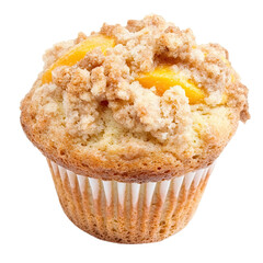A close-up of a delicious peach muffin topped with a crunchy crumble.