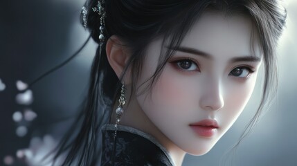 Fototapeta premium Portrait of a Young Woman with Dark Hair and Traditional Accessories