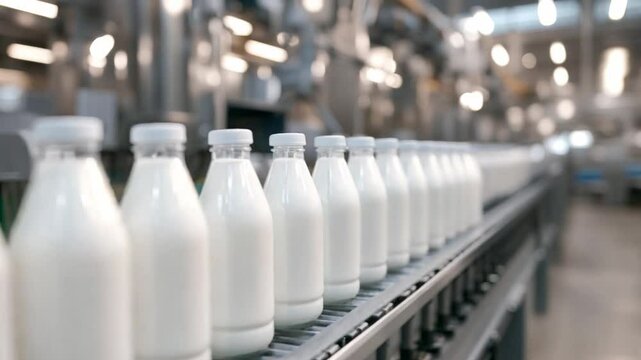 A series of milk bottles moves along the production line in a dairy facility, highlighting the packaging process and attention to quality
