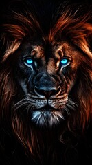Naklejka premium An abstract, glowing lion on a black background with glowing blue eyes