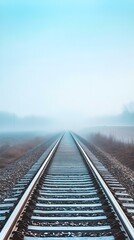 Fototapeta premium A serene scene of a single railway track disappearing into the distance, with a soft gradient light blue background