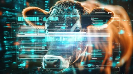 An advanced depiction of a cow integrated with digital data elements, showcasing a blend of agriculture and technology for modern farming