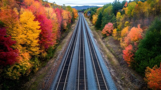 An aerial view of parallel railway tracks cutting through a picturesque landscape, with vibrant fall foliage on either side