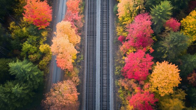 An aerial view of parallel railway tracks cutting through a picturesque landscape, with vibrant fall foliage on either side