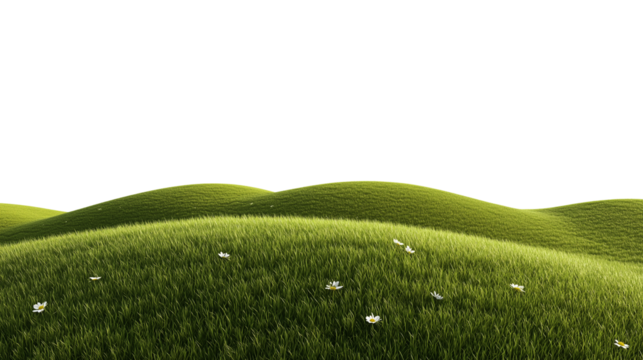 Rolling hills with daisies isolated on transparent background