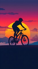 Obraz premium A silhouette of a cyclist against a vibrant sunset, creating a dramatic effect with space for text