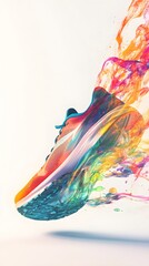 A dynamic composition of running shoes in motion, leaving a trail of color on a light background