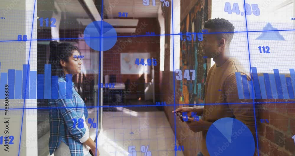 Poster animation of data processing and diagrams over diverse colleagues discussing work