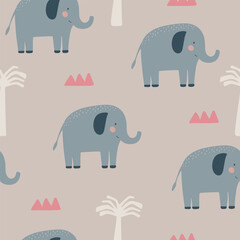 Cute elephant seamless pattern hand drawn cute kids background tender retro pallete