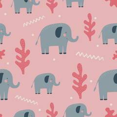 Cute elephant seamless pattern hand drawn cute kids background tender retro pallete