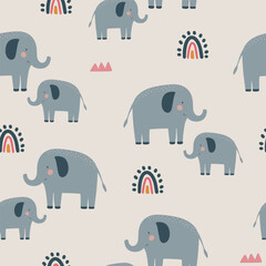 Cute elephant seamless pattern hand drawn cute kids background tender retro pallete