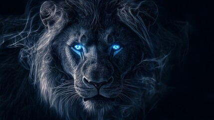 An abstract, glowing lion on a black background with glowing blue eyes