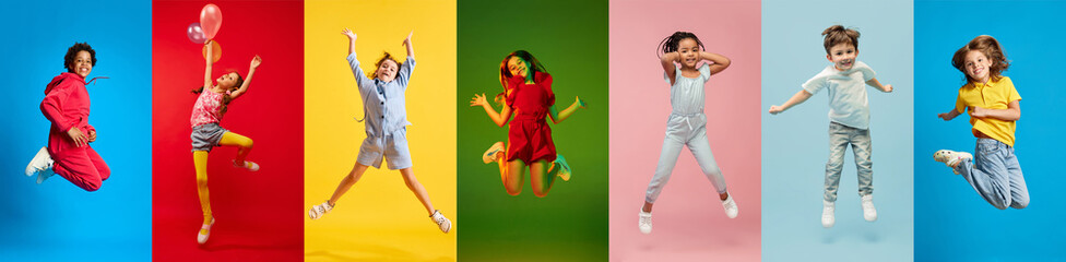 Collage made of different children in stylish colorful clothes cheerfully jumping against...