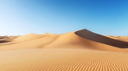 A vast desert landscape featuring rolling sand dunes under a clear blue sky, with gentle shadows creating depth