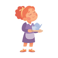 Funny Girl Waiter in Apron Serve Tea on Tray Vector Illustration