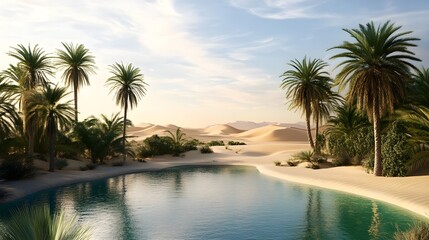 Fototapeta premium A serene desert oasis featuring lush palm trees and a tranquil pool of water surrounded by sandy dunes