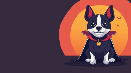 A cute dog dressed in vampire costume sits against spooky Halloween backdrop, radiating charm and playfulness. Perfect for pet lovers celebrating festive season