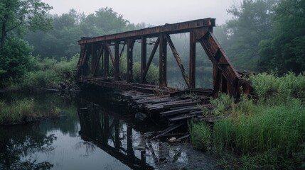 Fototapeta premium Rusty Bridge Overgrown with Nature in Foggy Morning