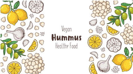 Hummus packaging design template. Cooking and ingredients for hummus. Sketch illustration. Middle eastern cuisine frame. Healthy food recipe, design elements. Hand drawn, package design.	
