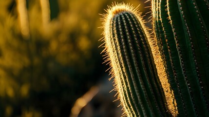 Naklejka premium A close-up of a Saguaro cactus standing tall in the Arizona desert, with the soft golden light of the evening illuminating its spines