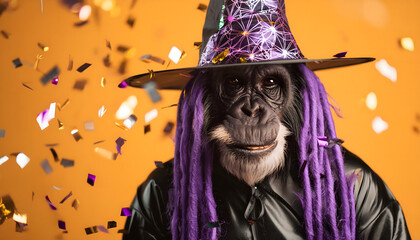 Obraz premium ape, halloween, in, costume, close up, part, witch, hat, confetti, card, creative, with, wearing, pet, animal, cartoon, carnival, dress, vector, magic, with, on, cool, ad, 3d, 1, 