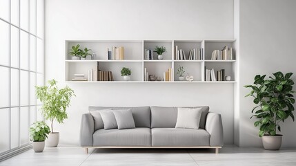 A contemporary living room with minimalist design elements presents a white, square bookcase. A gray sofa complements the space, while plants add a touch of nature