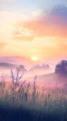 Naklejka premium A serene landscape at sunrise, illustrating the concept of a new day and time with soft, warm colors in the sky
