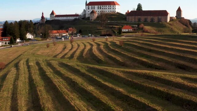 Aerial view of beautiful countryside with historic castle and picturesque fields, Maribor, Slovenia.