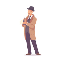 Inspecting Detective Man Character Write Notes Investigating Case Vector Illustration