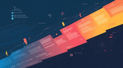 A creative timeline showcasing historical events in a specific field, using vibrant colors and clear labels, ideal for educational purposes, with ample copy space