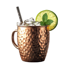 Photography of Moscow Mule Cocktail Drink in Hammered Copper Mug with Lime and Mint on White Background