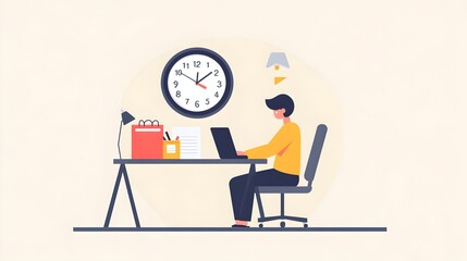 A person sitting at a desk with a planner and laptop, focusing on time management, with a light solid color background