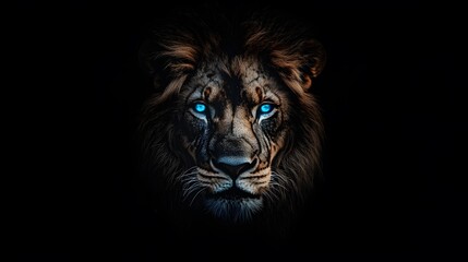 An abstract, glowing lion on a black background with glowing blue eyes