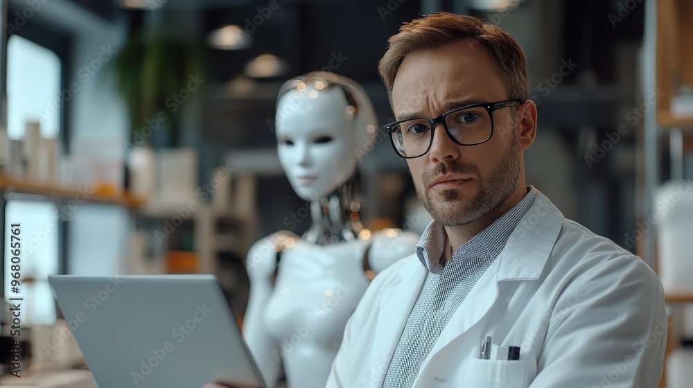 Poster A scientist in a lab coat examines digital data on a tablet while a humanoid robot stands nearby, showcasing advanced technology in artificial intelligence research