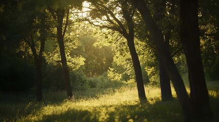 Fototapeta premium A serene late afternoon scene with soft golden light filtering through trees, creating a peaceful atmosphere