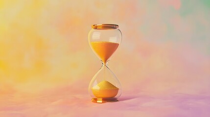 An hourglass with golden sand flowing, symbolizing the fleeting nature of time, placed on a soft pastel background