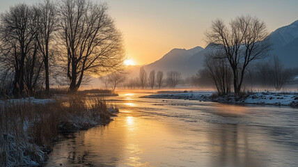 winter landscape during golden hour, river is gently flowing with reflection of the sun in water, some trees are standing on the riverbanks, in the background some mountains are visible. soft light, s