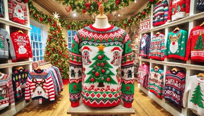 Fototapeta premium A vibrant display of holiday sweaters fills a cozy shop, featuring playful designs with Christmas trees, snowmen, and festive patterns, inviting shoppers to celebrate the season